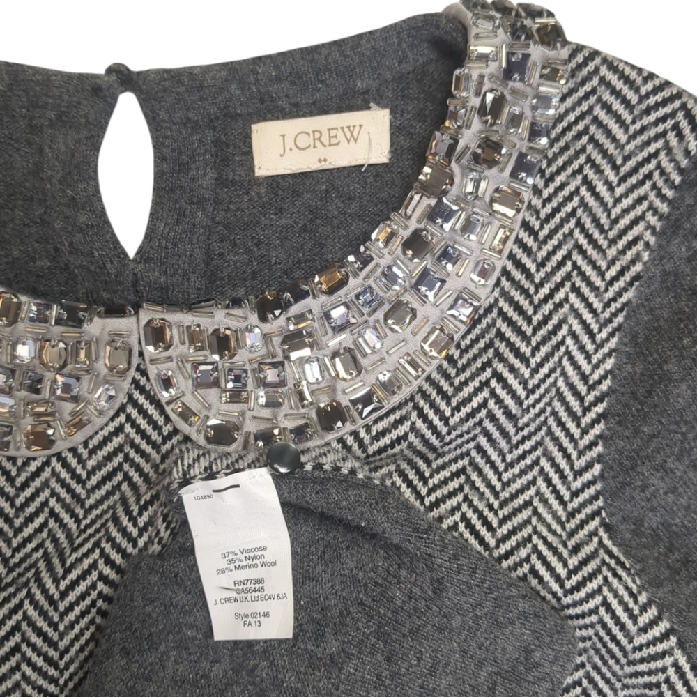 J Crew Women's Gray Jewel Collar Herringbone Sweater Size XS Merino Wool - Picture 8 of 9